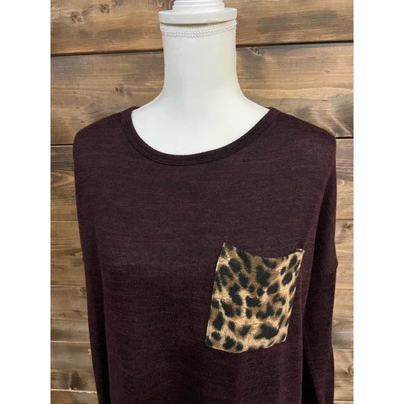 Women’s Bellamie Burgundy Shirt with Leopard print pocket - Picture 2 of 7